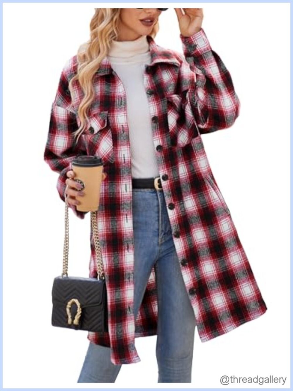 Women's Plaid Shacket Jacket Button Down Long Sleeve Woolen Coat with Pockets